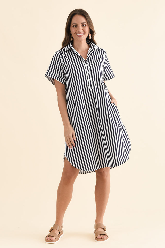 Kareem Navy Stripe Cotton Collared Dress,Full Body,Brunette model,alt text|model:MJ