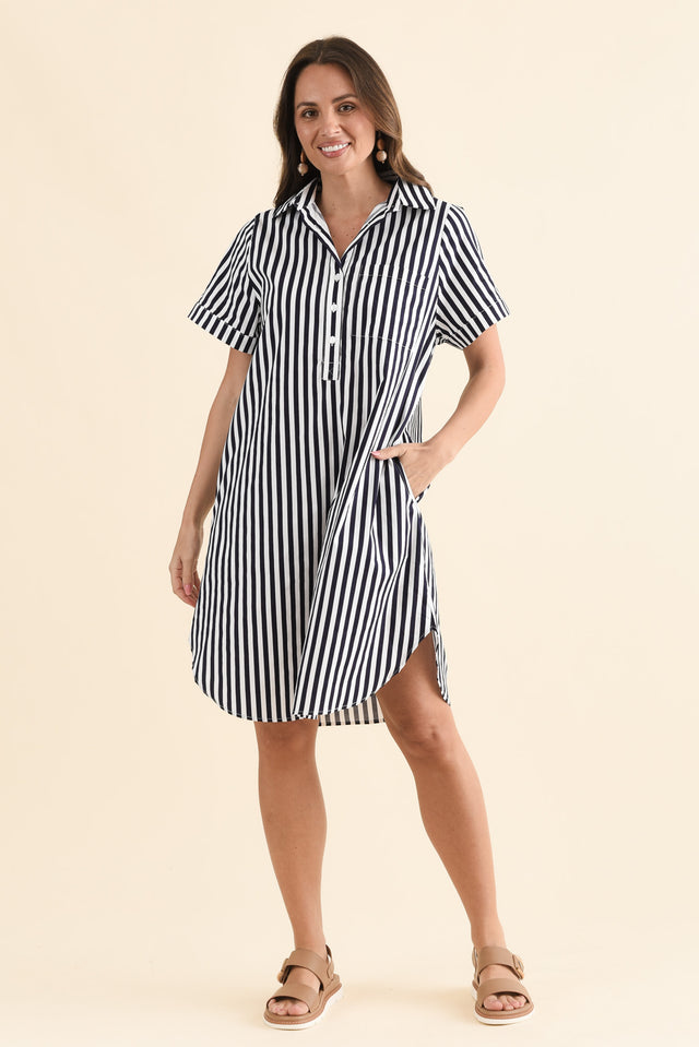 Kareem Navy Stripe Cotton Collared Dress,Front,Brunette model,alt text|model:MJ