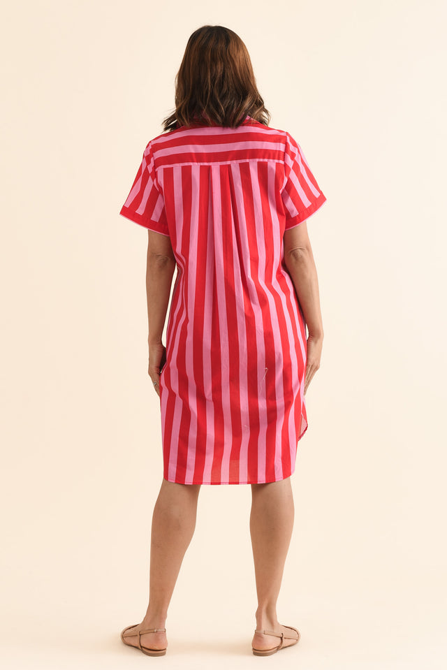Kareem Red Stripe Cotton Collared Dress,Back,Brunette model,alt text|model:Cara image 5