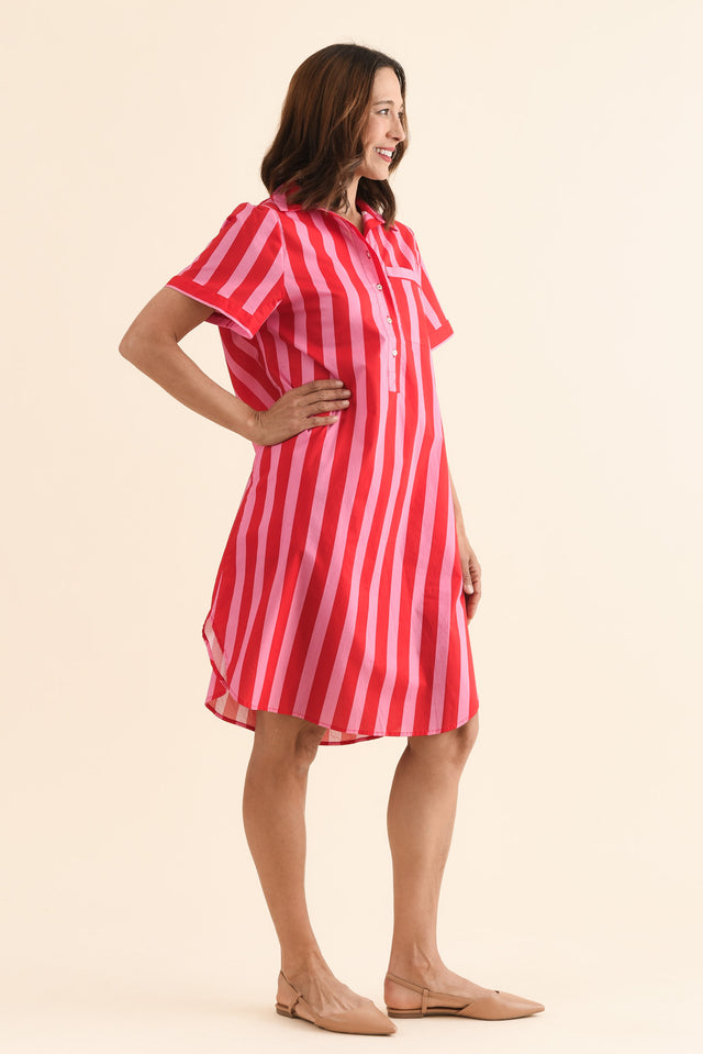Kareem Red Stripe Cotton Collared Dress,Side,Brunette model,alt text|model:Cara image 4