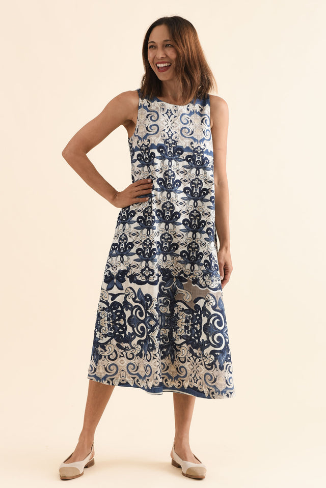Karlan Navy Patchwork Cotton Pocket Dress,Front,Brunette model,alt text|model:Cara image 1
