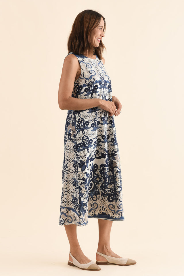 Karlan Navy Patchwork Cotton Pocket Dress,Side,Brunette model,alt text|model:Cara image 3