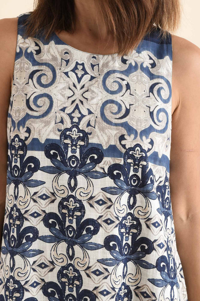 Karlan Navy Patchwork Cotton Pocket Dress,Detail,Brunette model,alt text|model:Cara image 5