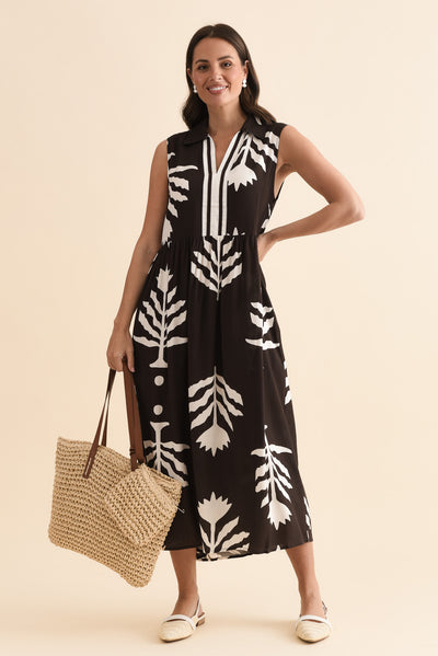 Karrie Chocolate Palm Pocket Dress