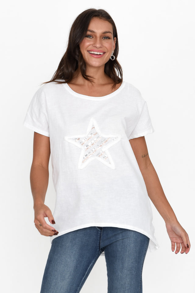Kassidy White Star Sequin Tee neckline_Round  alt text|model:Brontie;wearing:S/M image 2