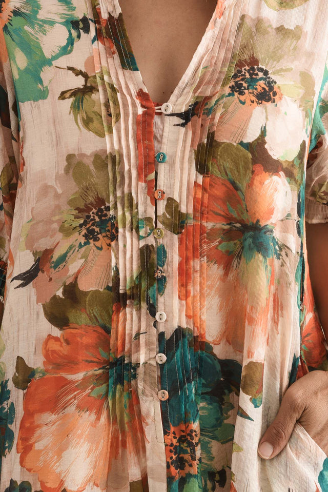 Kat Orange Flower Button Dress,Detail,Brunette model,alt text|model:Cara image 5