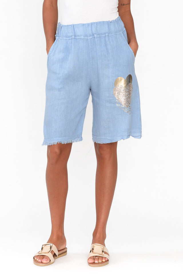 Katana Blue Foil Heart Linen Shorts
