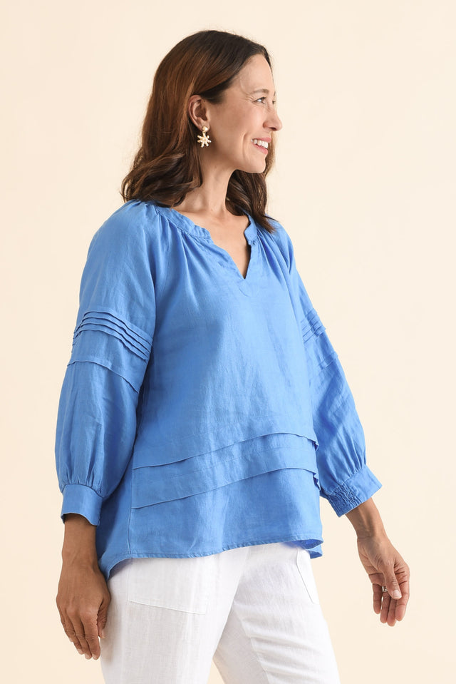 Kate Blue Linen Tiered Top,Side,Brunette model,alt text|model:Cara image 3