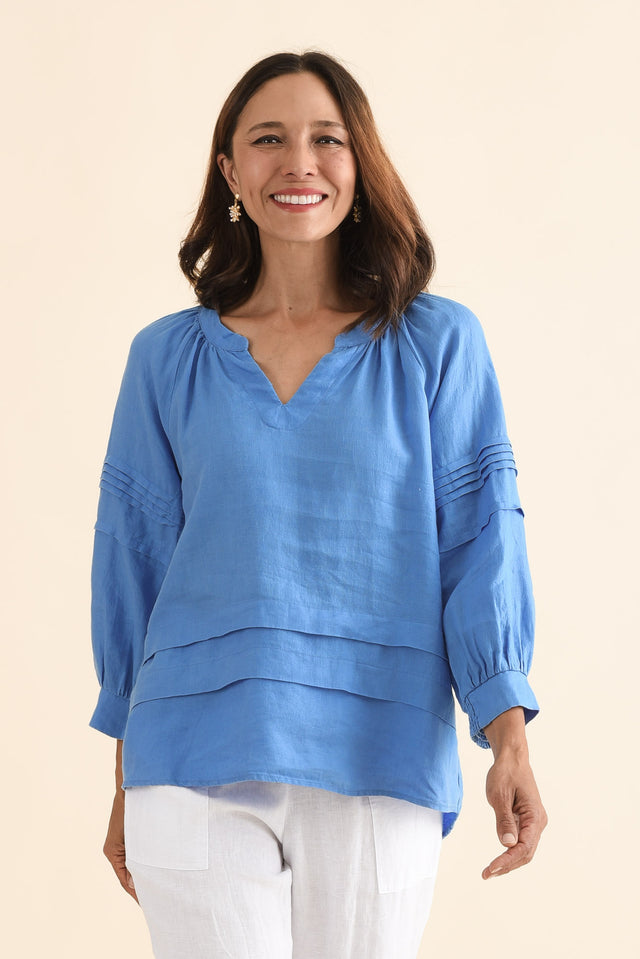 Kate Blue Linen Tiered Top,Front,Brunette model,alt text|model:Cara image 1
