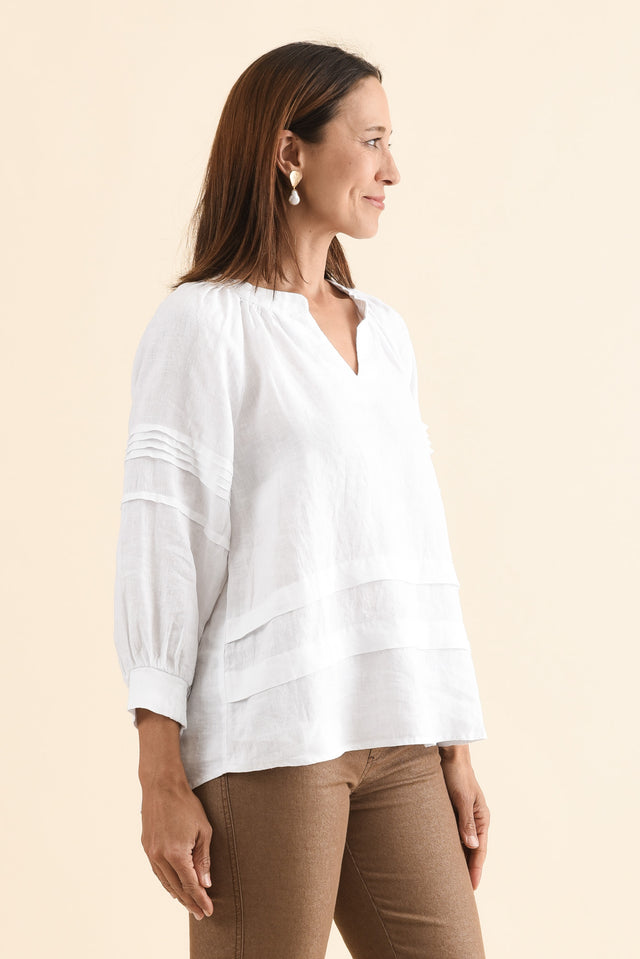 Kate White Linen Tiered Top,Side,Brunette model,alt text|model:Cara image 3