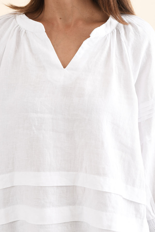 Kate White Linen Tiered Top,Detail,Brunette model,alt text|model:Cara image 5