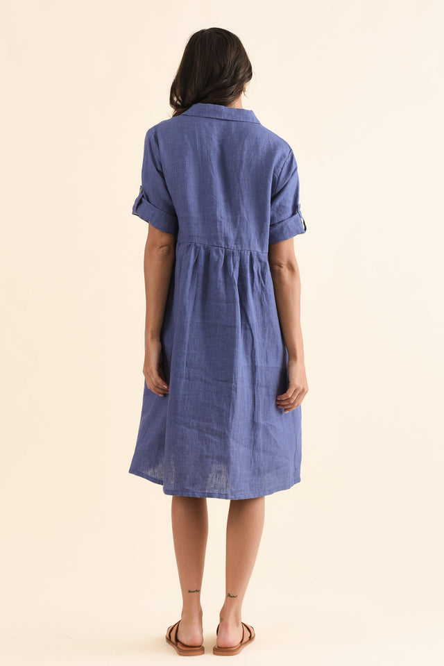 Kathy Blue Linen Shirt Dress,Back,Brunette model,alt text|model:Brontie image 4
