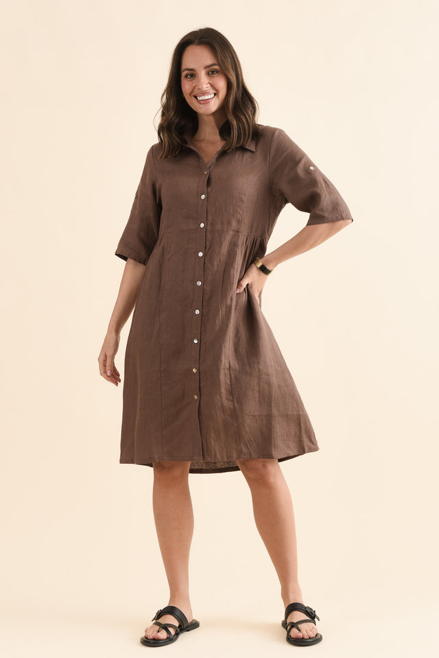 Kathy Brown Linen Shirt Dress,Full Body,Brunette model,alt text|model:MJ