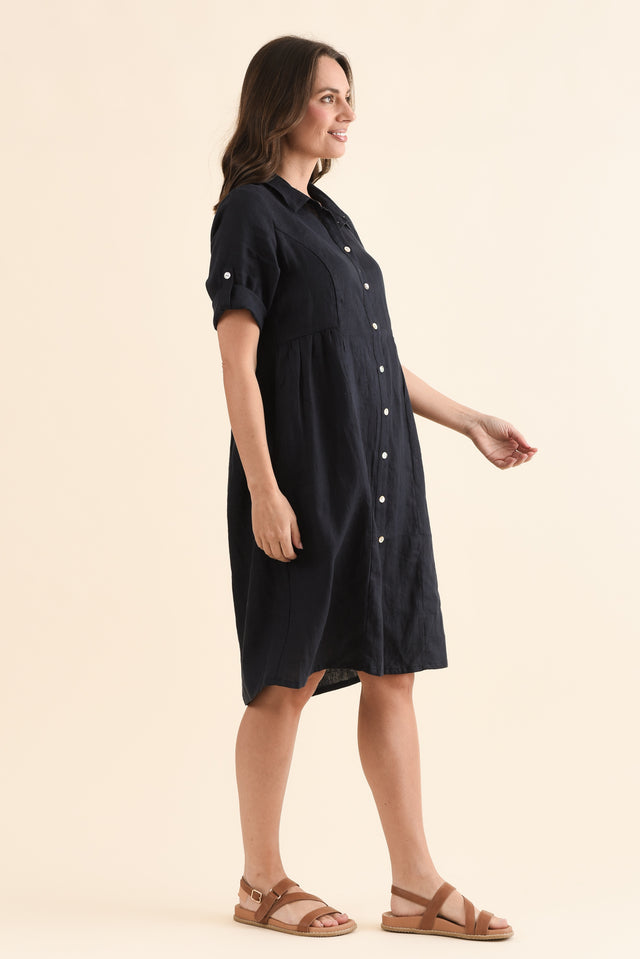 Kathy Navy Linen Shirt Dress,Side,Brunette model,alt text|model:MJ image 3