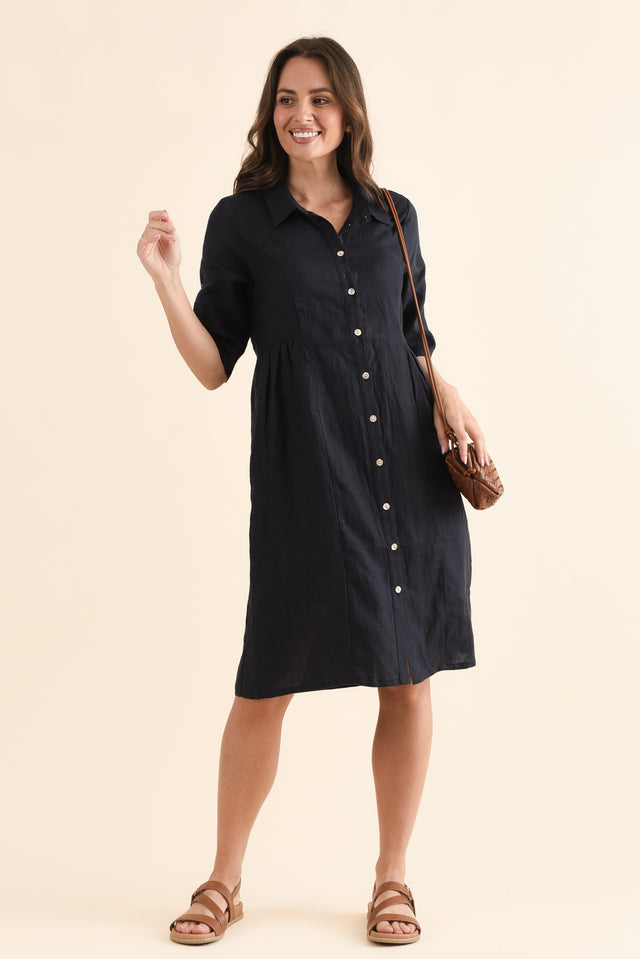 Kathy Navy Linen Shirt Dress,Front,Brunette model,alt text|model:MJ