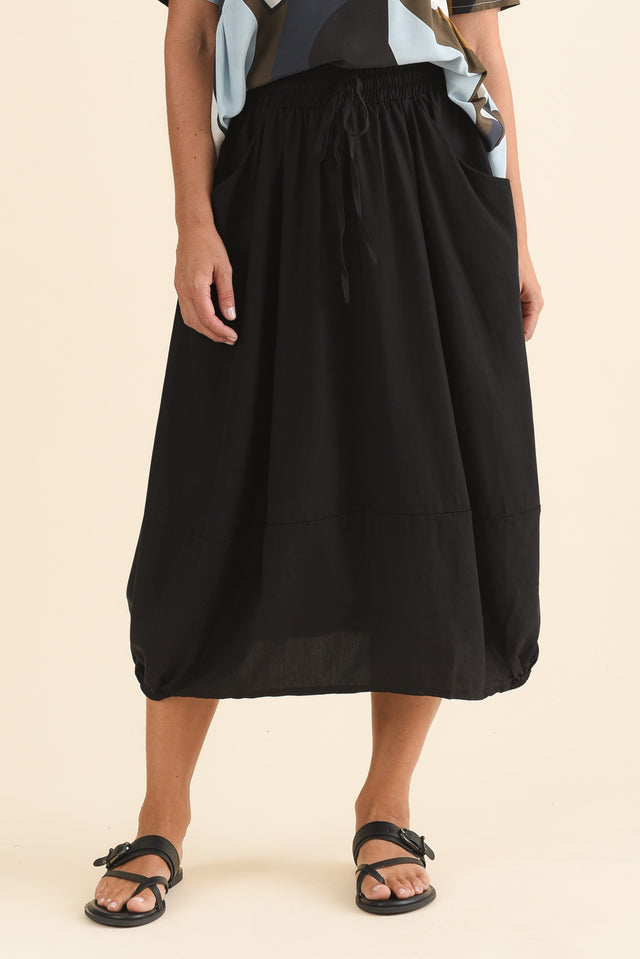 Katie Black Drawstring Midi Skirt,Front,Brunette model,alt text|model:Laura