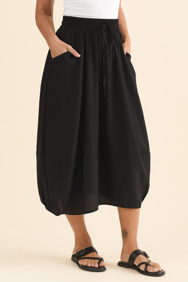 Katie Black Drawstring Midi Skirt,Side,Brunette model,alt text|model:Laura image 3