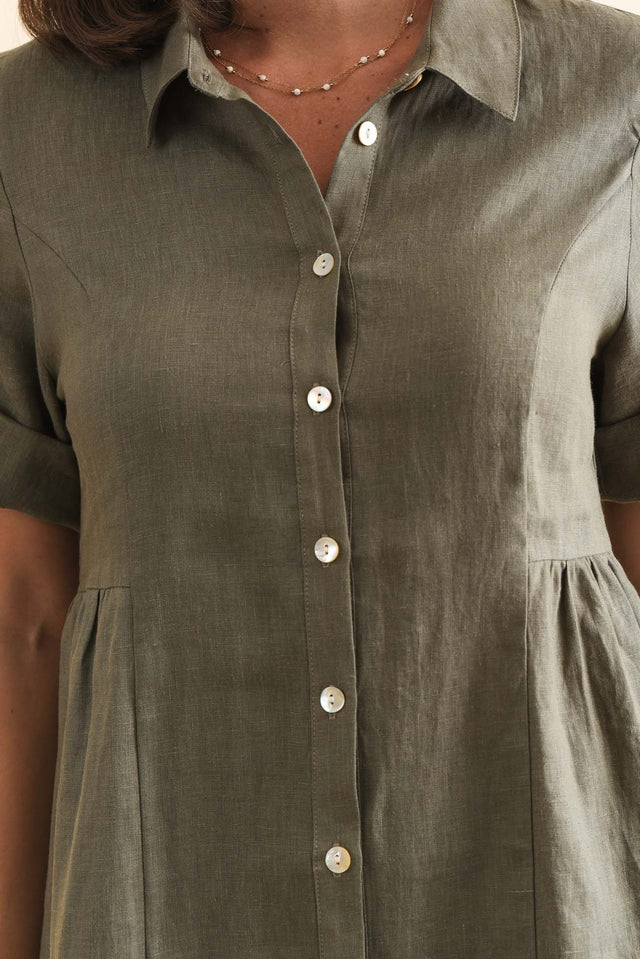 Katy Olive Linen Pocket Dress,Brunette model,alt text|model:MJ image 7