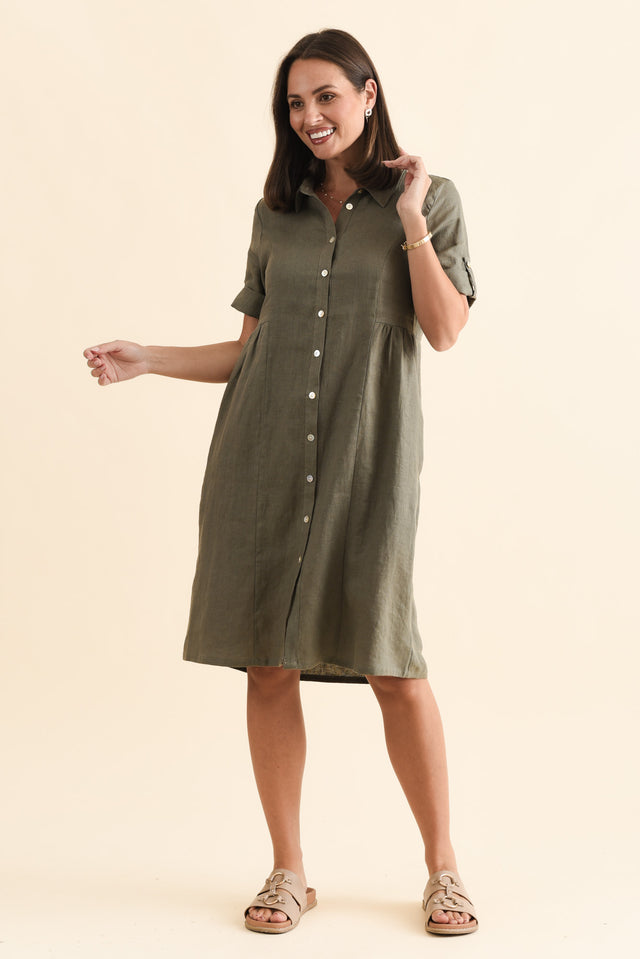 Katy Olive Linen Pocket Dress,Brunette model,alt text|model:MJ image 8