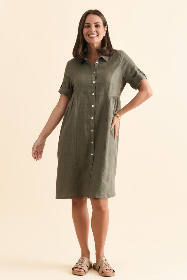 Katy Olive Linen Pocket Dress,Brunette model,alt text|model:MJ image 4