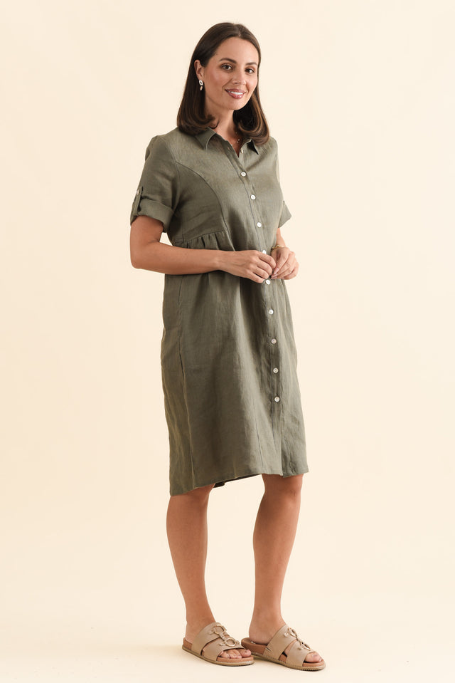 Katy Olive Linen Pocket Dress,Brunette model,alt text|model:MJ image 5
