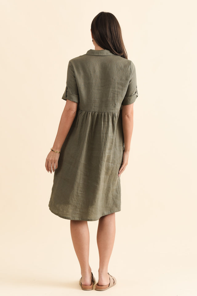 Katy Olive Linen Pocket Dress,Brunette model,alt text|model:MJ image 6