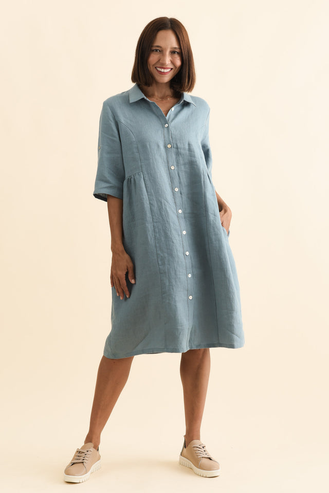 Katy Steel Linen Pocket Dress,Brunette model,alt text|model:Cara image 3