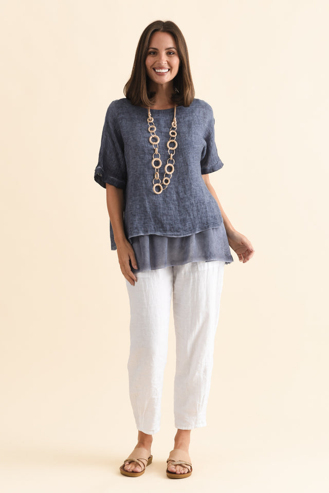 Kayla Dark Blue Linen Layered Top,Brunette model,alt text|model:MJ image 7