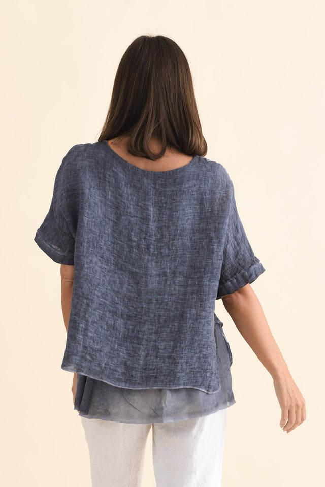 Kayla Dark Blue Linen Layered Top,Brunette model,alt text|model:MJ image 5