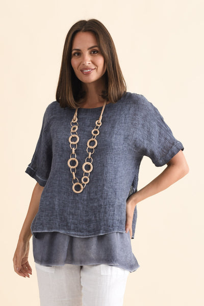 Kayla Dark Blue Linen Layered Top