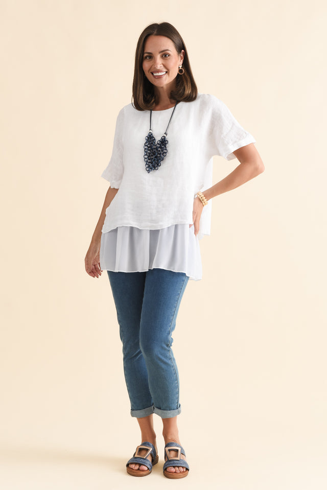Kayla White Linen Layered Top,Brunette model,alt text|model:MJ image 3