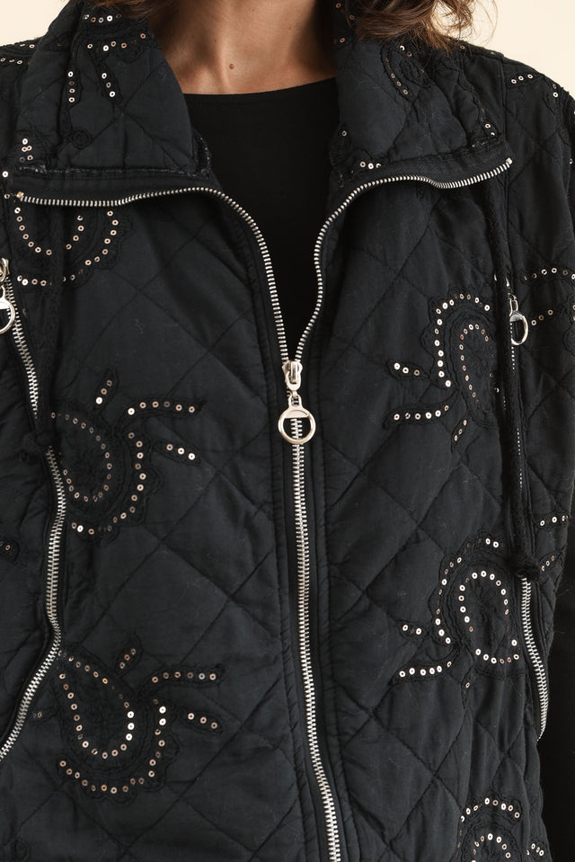 Kaylani Black Sequin Quilted Vest,Detail,Brunette model,alt text|model:Cara image 6