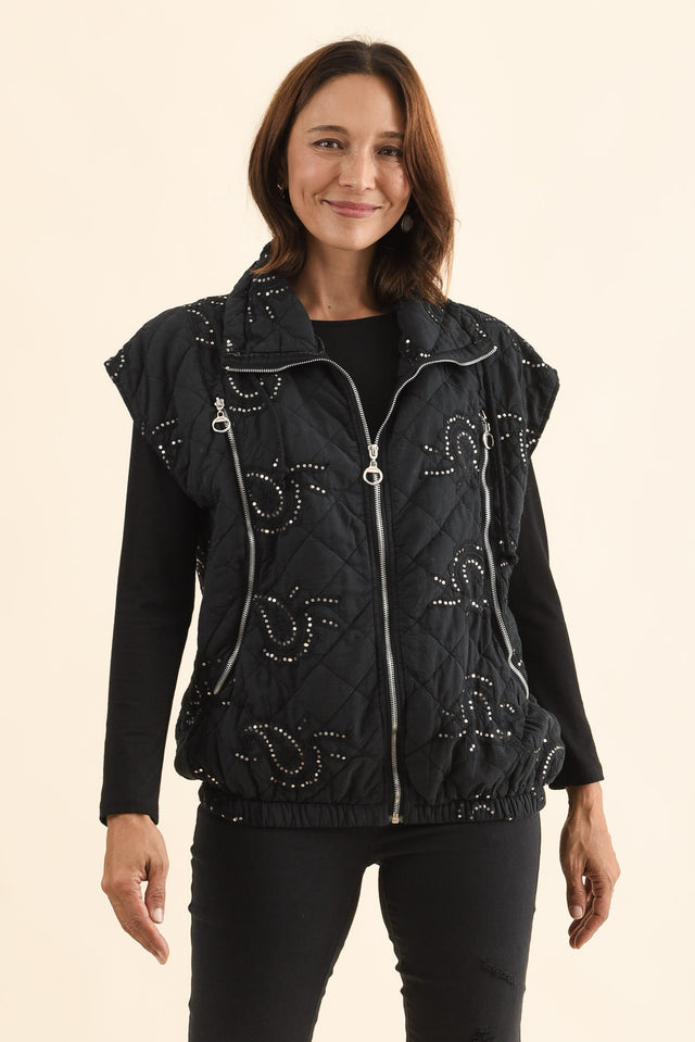 Kaylani Black Sequin Quilted Vest,Front,Brunette model,alt text|model:Cara