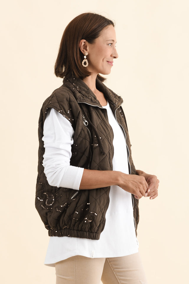 Kaylani Chocolate Sequin Quilted Vest,Brunette model,alt text|model:Cara image 3