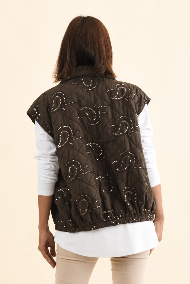 Kaylani Chocolate Sequin Quilted Vest,Brunette model,alt text|model:Cara image 4