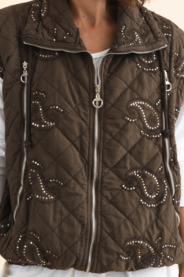 Kaylani Chocolate Sequin Quilted Vest,Brunette model,alt text|model:Cara image 5