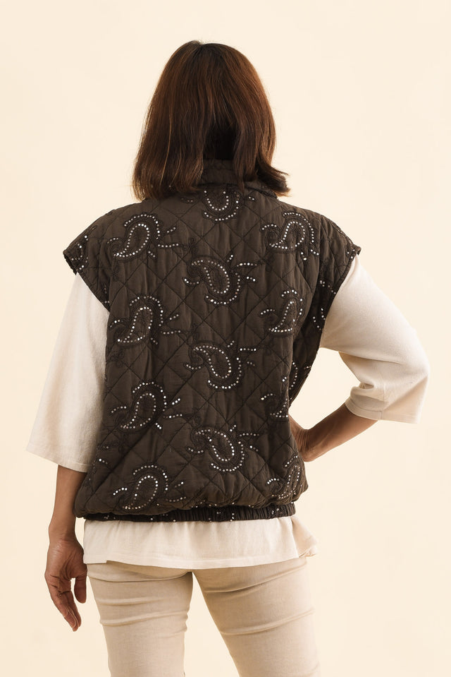 Kaylani Chocolate Sequin Quilted Vest,Back,Brunette model,alt text|model:Cara image 6