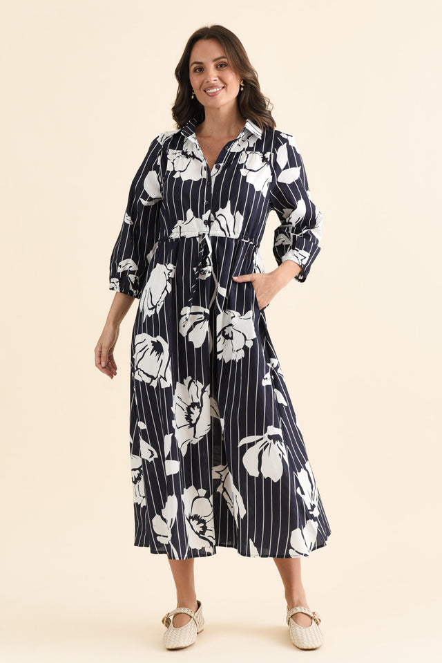 Keaton Navy Floral Stripe Tie Dress,brunette model,Front of Outfit,alt text|model:MJ image 1