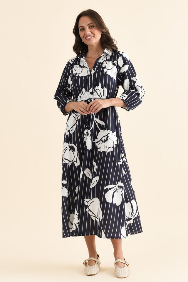 Keaton Navy Floral Stripe Tie Dress,brunette model,Full Outfit,alt text|model:MJ image 2