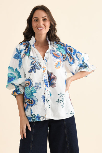 Kelis Blue Garden Linen Blend Shirt