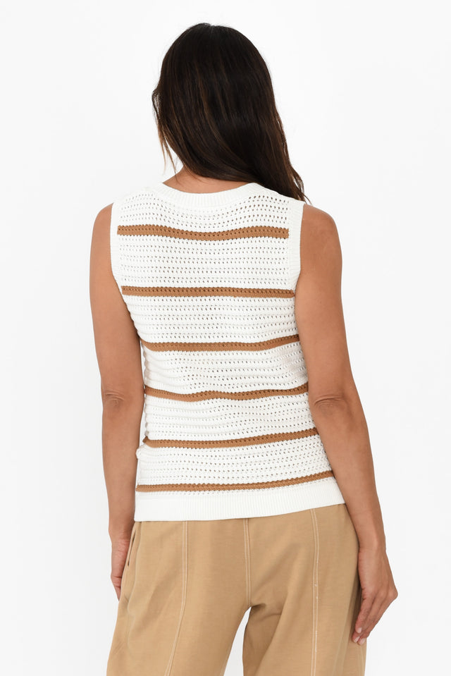 Kenali White Stripe Cotton Knit Tank,Brunette model,alt text|model:Cara image 4