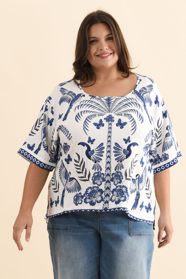 Kendria Blue Palm Batwing Top,Brunette model,plus-size,curve-tops,plus-size-sleeved-tops,alt text|model:Gabby