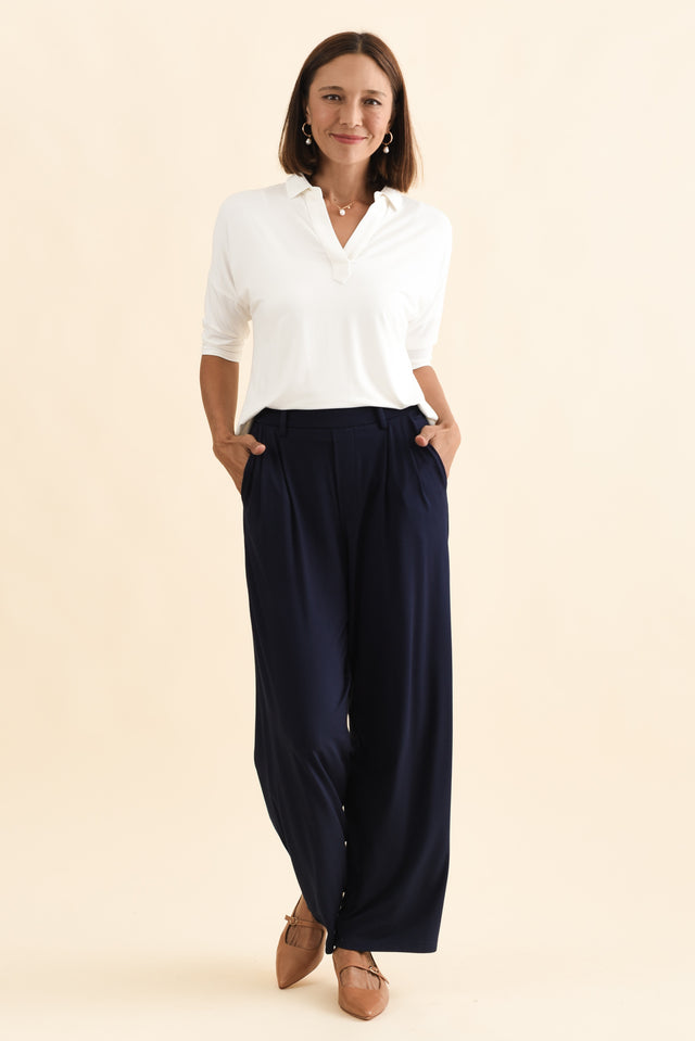 Billie Navy Bamboo Wide Leg Pants,Brunette model,alt text|model:Cara image 8