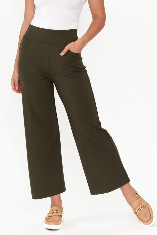 Kimmy Khaki Wide Leg Ponte Pants length_Cropped rise_High print_Plain colour_Khaki PANTS alt text|model:Valeria image 1