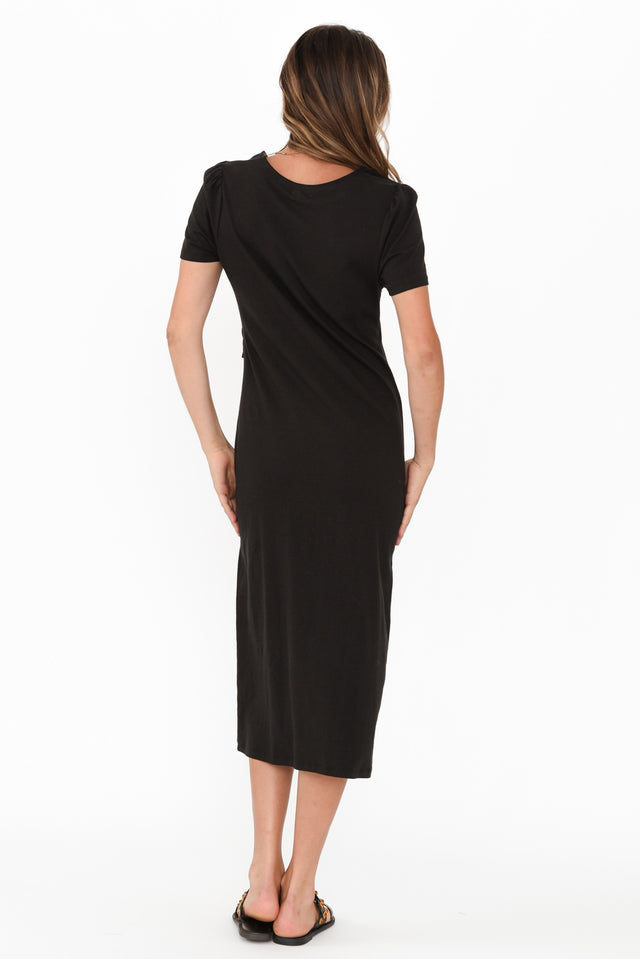 Kitt Black Cotton Stretch Tie Dress,Brunette model,alt text|model:Johanna image 5