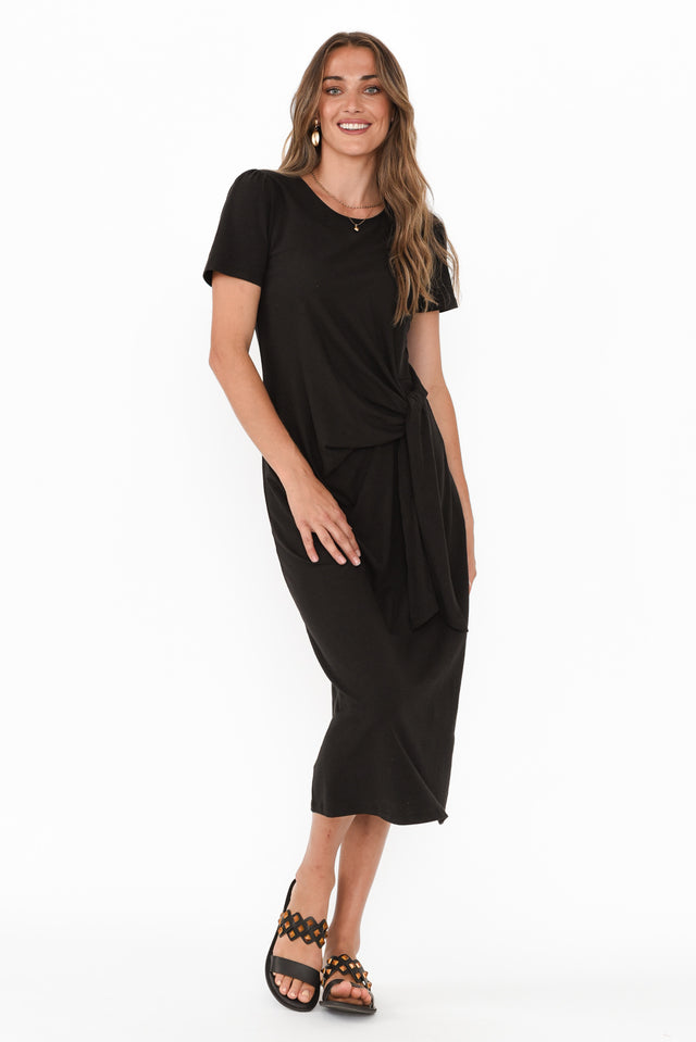 Kitt Black Cotton Stretch Tie Dress,Brunette model,alt text|model:Johanna