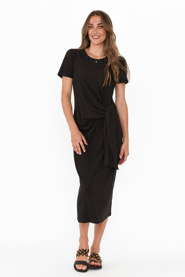 Kitt Black Cotton Stretch Tie Dress,Brunette model,alt text|model:Johanna image 7