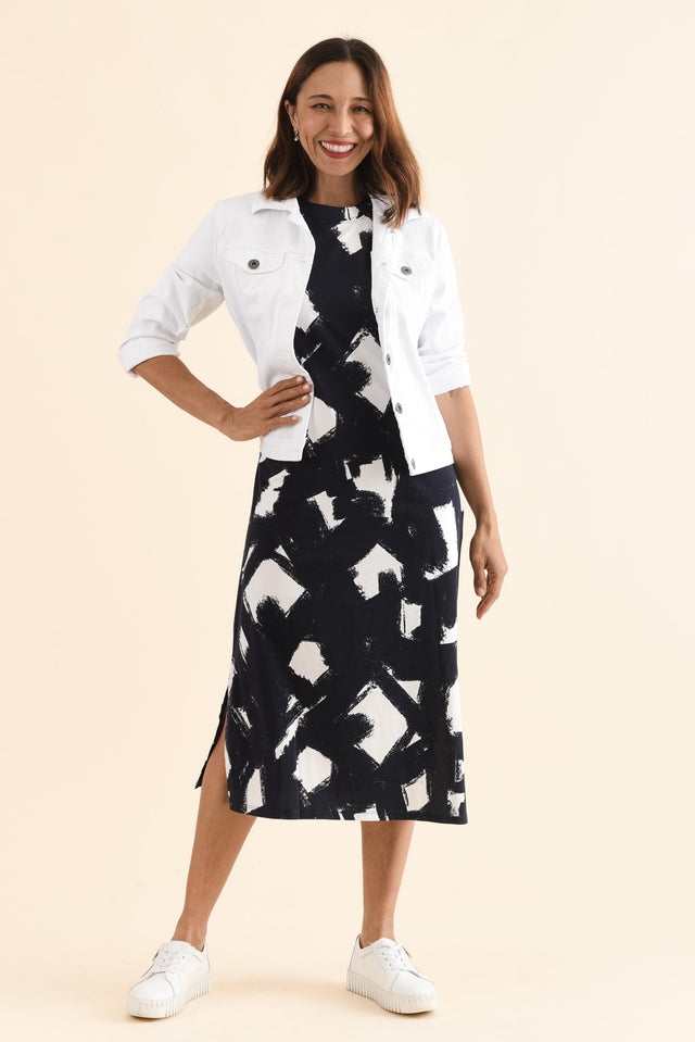 Klee Navy Abstract Cotton Tee Dress,Front,Brunette model,alt text|model:Cara