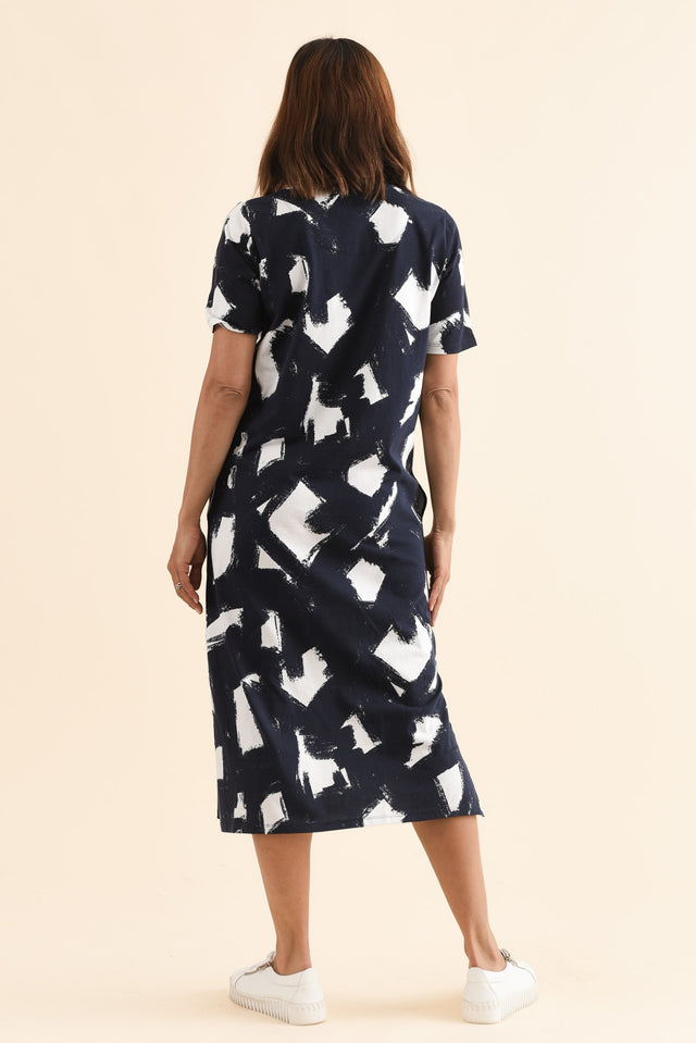 Klee Navy Abstract Cotton Tee Dress,Back,Brunette model,alt text|model:Cara image 4