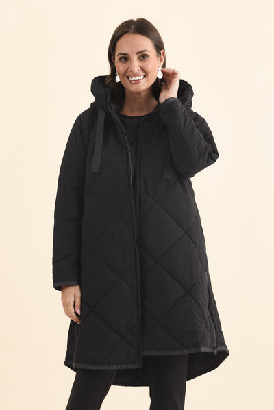 Koami Black Quilted Hooded Coat
